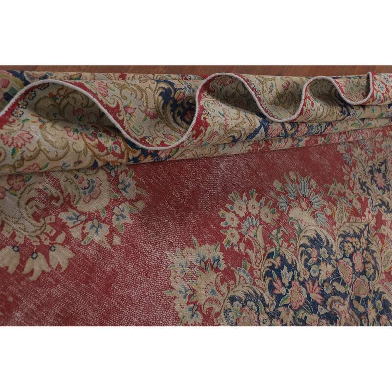 Distressed Pink Kerman Persian Antique Area Rug Handmade Wool Carpet - 9'9" x 13'3"
