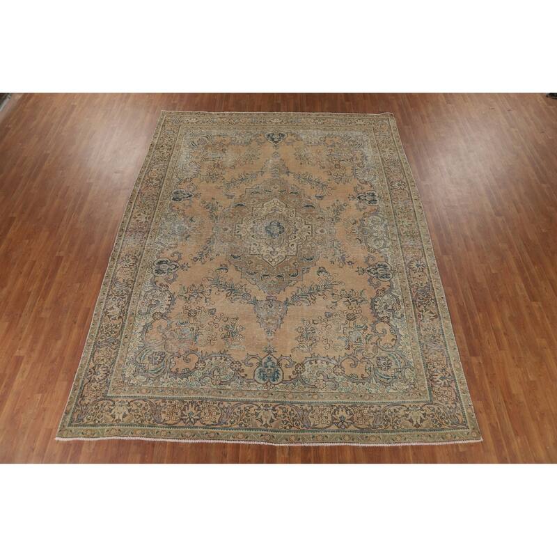 Distressed Tabriz Vintage Persian Rug Handmade Peach Wool Carpet - 9'9" x 12'9"