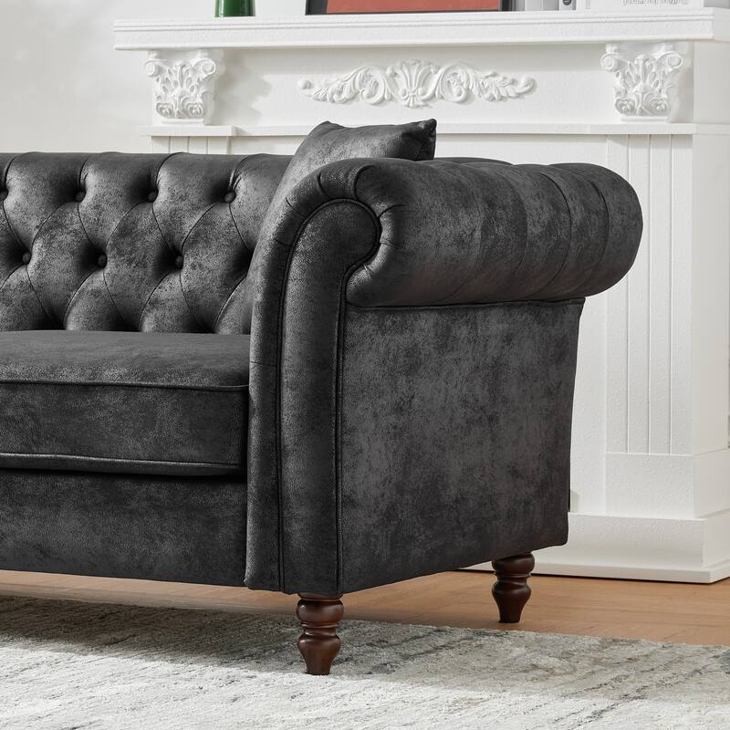Roomfitters 83 Inch Classic Chesterfield Upholstered Sofa Set, 2-Piece Buttoned Back Scrolled Arm Couch Furniture Set, Black