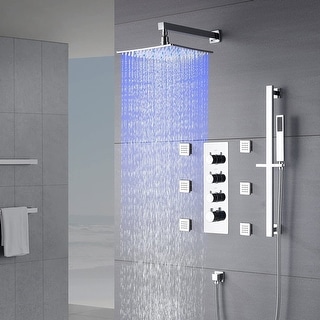 12" LED Wall Mount Rainfall Shower 3 Way Thermostatic Faucet System with Slide Bar, 6 Jets