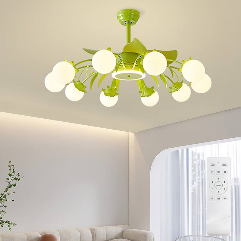 Indoor Chandelier Ceiling Fan with Light and Remote, Beige Fandelier with Milky Globe Shade for Bedroom