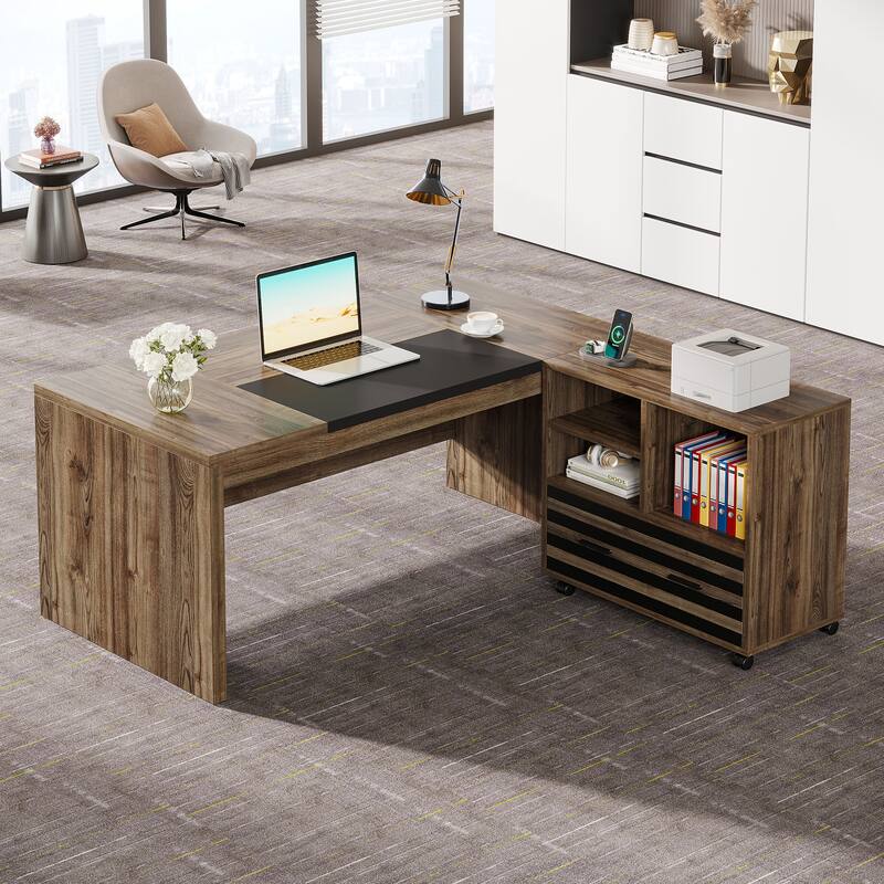 62.2" Executive Desk with Mobile File Cabinet, L-Shaped Office Desk for Home Office