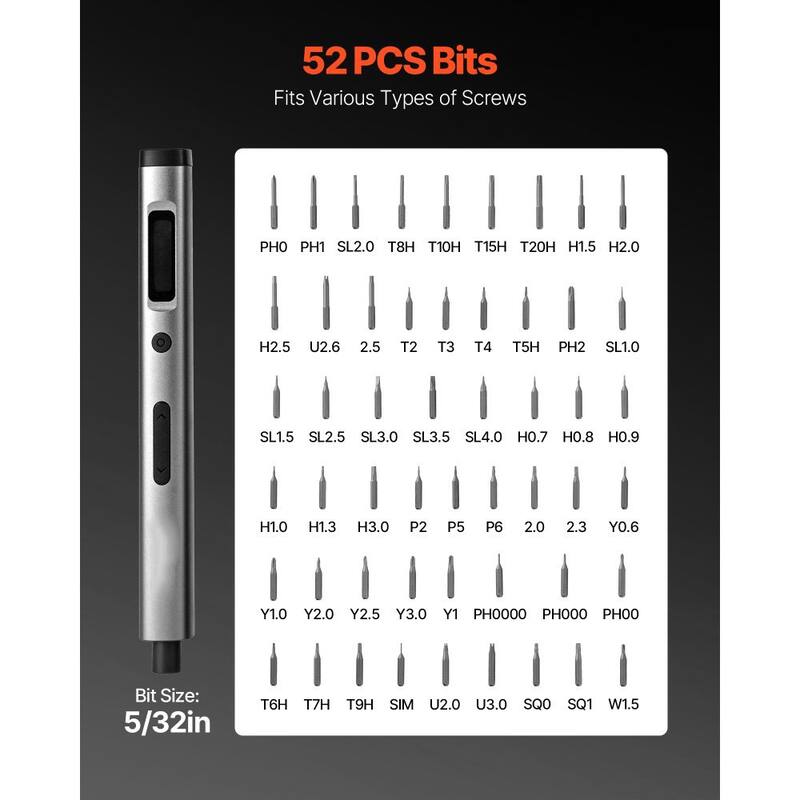 Black Electric Precision Screwdriver Set with 52 Bits, Adjustable Torque, LED Lights and Rechargeable Battery