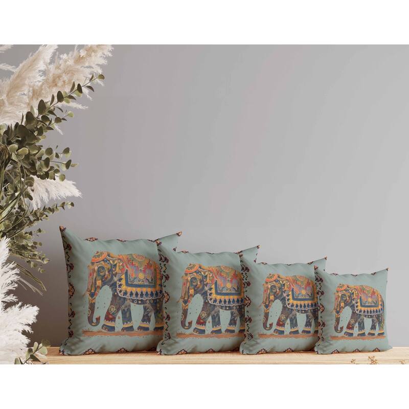 Decorated Elephant Indoor/Outdoor Reversible Throw Pillow Mint and Orange