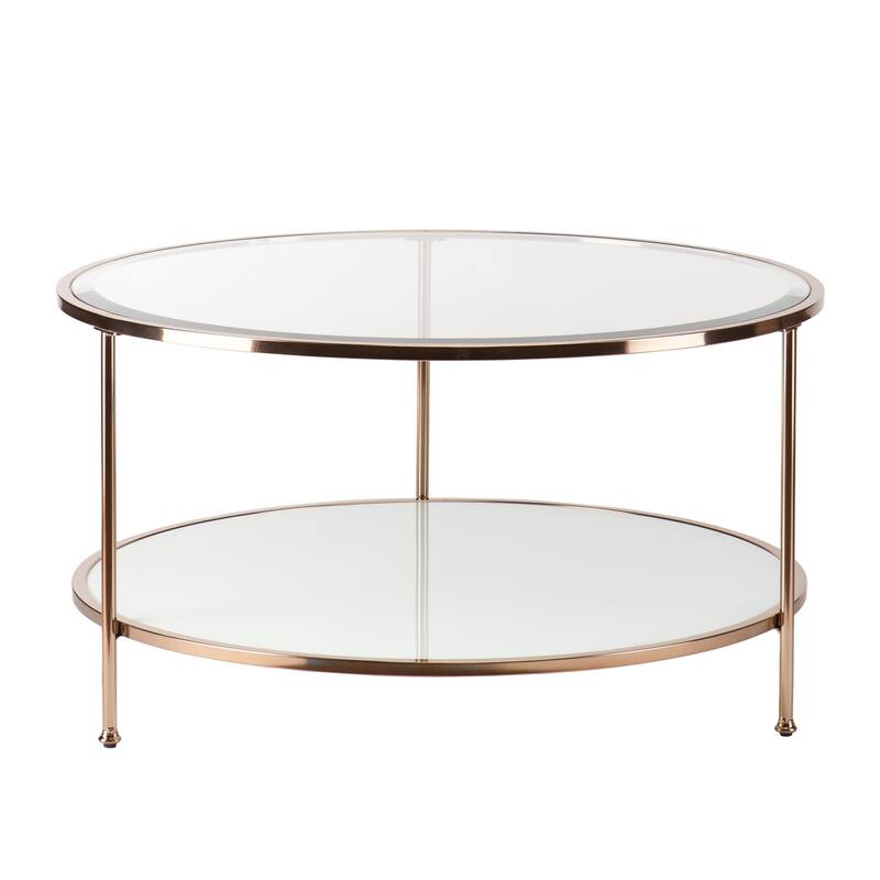 34" Round Tempered Glass Coffee Table Gold Metal Legs Glossy Finish Modern Home Decor - 33.75”L x 33.75”W x 18.25”H - Clear-Gold