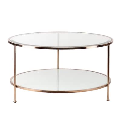 34" Round Tempered Glass Coffee Table Gold Metal Legs Glossy Finish Modern Home Decor - 33.75”L x 33.75”W x 18.25”H