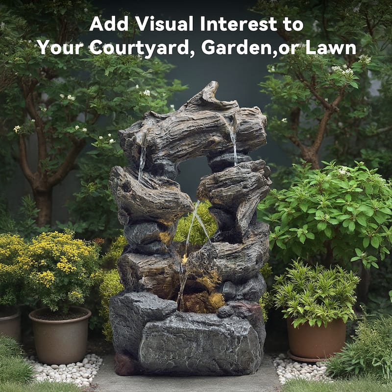 Outdoor 4-Tier Hand Crafted Polyresin Rainforest Wood Weather Resistant Fountain
