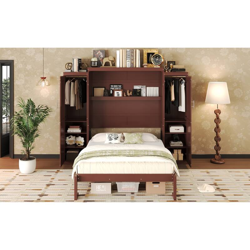 Wooden Full Size Murphy Bed with 2 Wardrobe and Storage Shelf