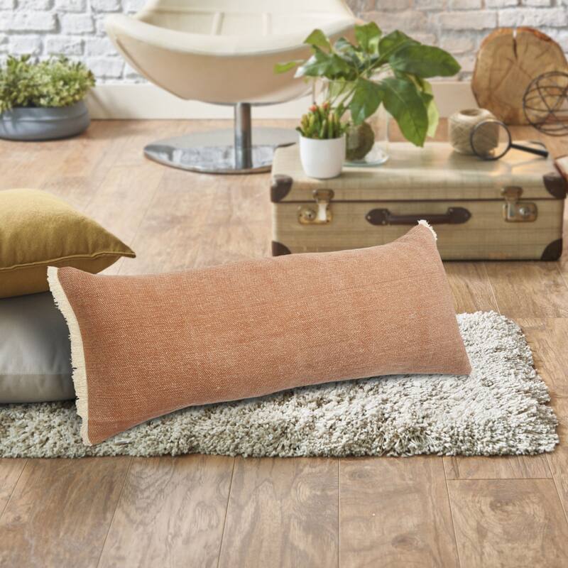 36" Caramel Brown and White Coated Fringed Rectangular Throw Pillow