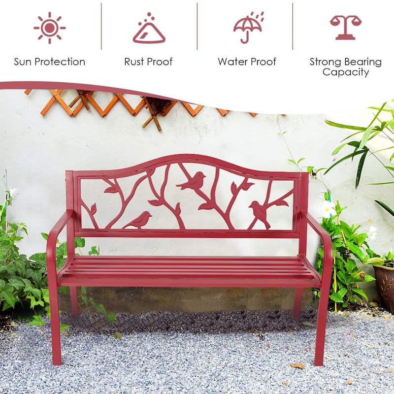 MAISON ARTS Patio Metal Park Bench Red, Steel Frame Bench with Backrest and Armrests