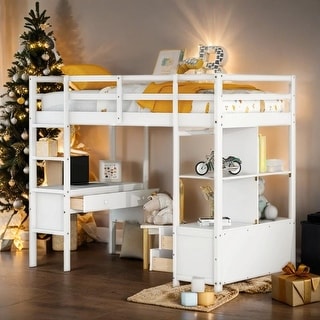 Elegant & Multifunctional Design Twin Size Loft Bed with Built-in Desk with 2 Drawers, and Storage Shelves, Space Saving, White