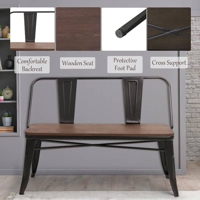 EROMMY 42in Metal Bench Industrial Mid-Century 3 Person Chair with Wood Seat, Dining Bench with Floor Protector - 42"