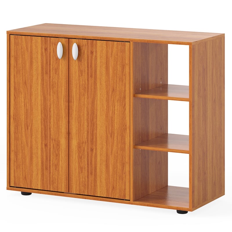 Shoe Storage Cabinet with Doors and Open Shelves Adjustable Wooden Entryway Organizer - 31.5" x 12" x 25.5" - Natural