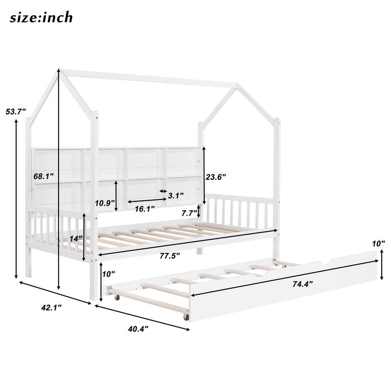 Pine Kids House Platform Bed with Trundle, Shelf, and Roof