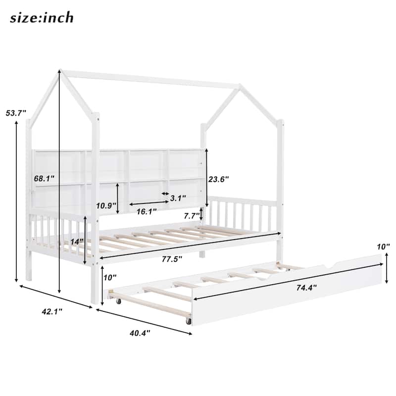 Pinewood Kids House Platform Bed with Trundle, Shelf, Roof