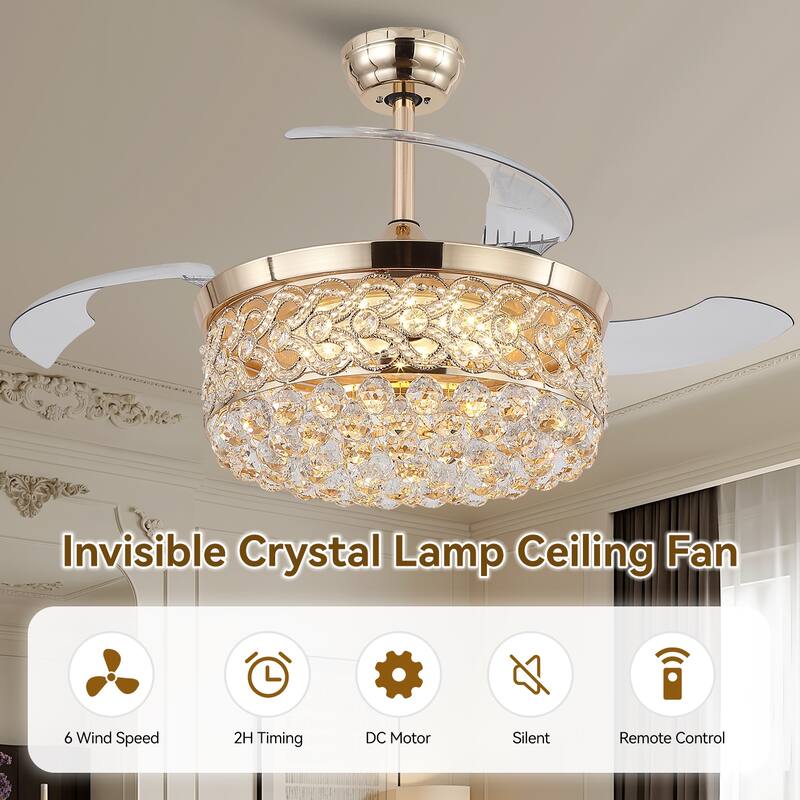 Kviflon 48'' Retractable Ceiling Fan with Lights and Remote 6 Speed, 3 Light Change Retractable Blade Chandelier Ceiling Fan