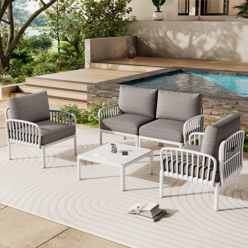 Patio Conversation Sets 5pc Sectional Furniture Set Modular Couch Set - White Gray 4 Seat