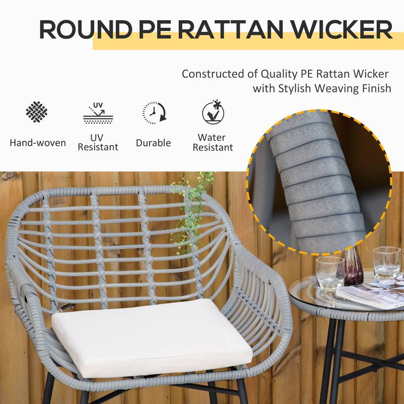 3 Piece Patio Set, Outdoor Bistro Furniture, PE Rattan Wicker Table and Chairs, Cushioned, Hand Woven, Modern Look with