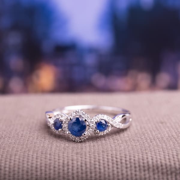slide 1 of 12, Sapphire and 1/8ct TDW Diamond 3-stone Infinity Engagement Ring in 10k White Gold by Miadora