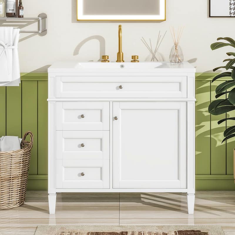 36" Bathroom Vanity with Top-Mount Sink - Modern Cabinet with 2 Drawers + Tip-Out Tray - Complete Single Sink Vanity Set