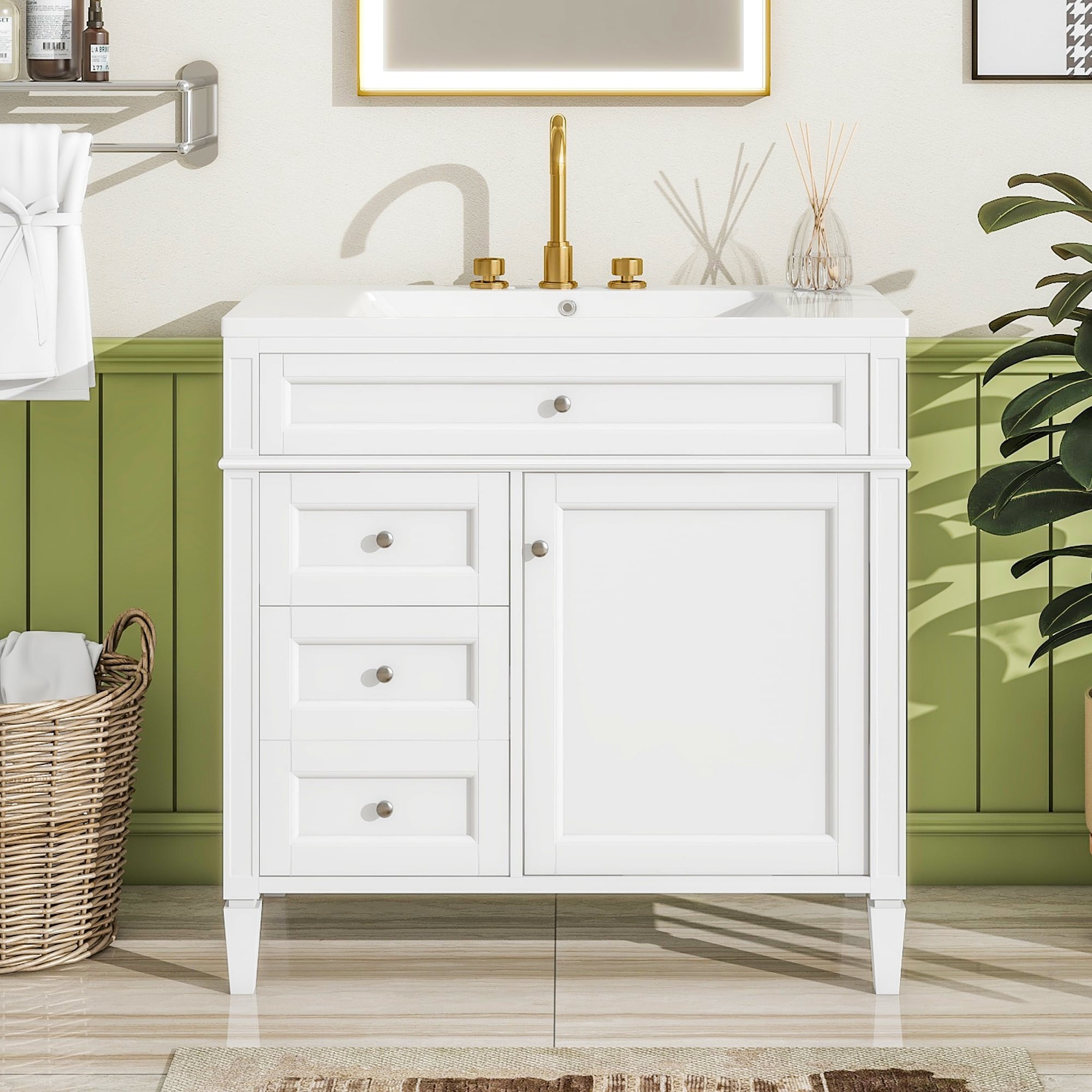 GDFStudio - Carradine Modern 36" Freestanding Bathroom Vanity with Ceramic Sink, 2 Soft Close Drawers & Tip-out Drawer - 36'W
