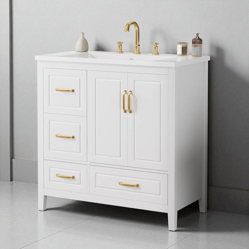 36" Bathroom Vanity with Resin Sink, Soft-Closing Doors & Drawers, Gold Handles, Freestanding Storage Cabinet - White