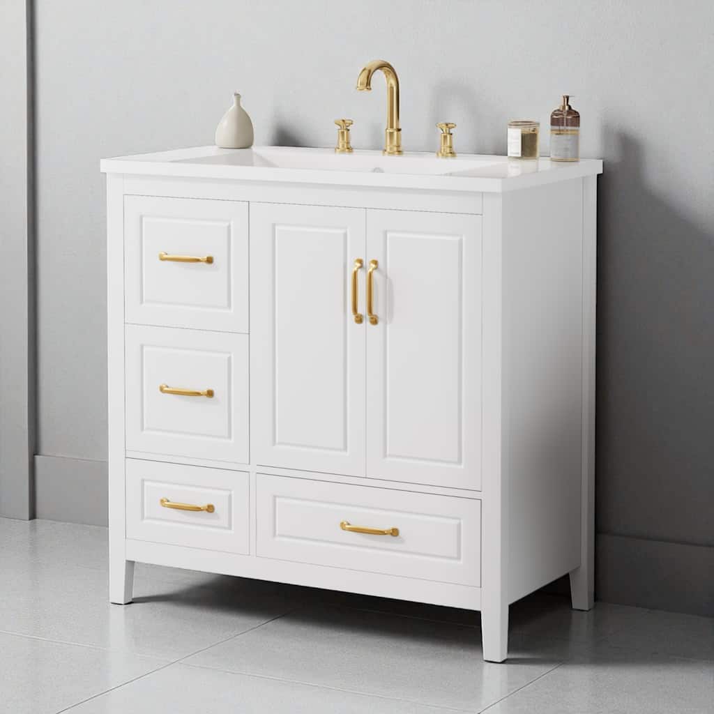 36" Bathroom Vanity with Resin Sink, Soft-Closing Doors & Drawers, Gold Handles, Freestanding Storage Cabinet