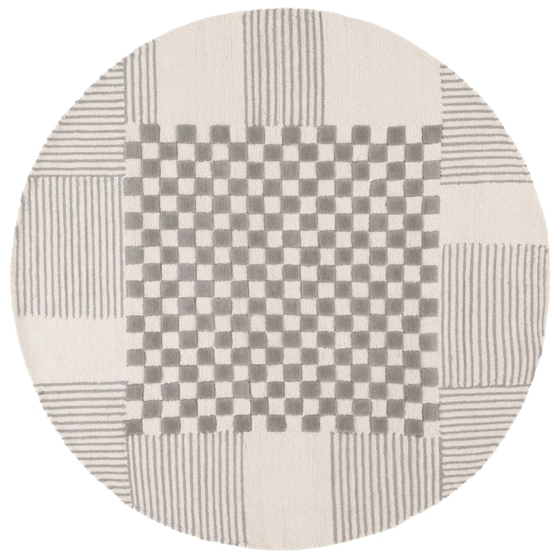 SAFAVIEH Handmade Genre Kiek Checkered Wool Rug - 6' Round - Grey/Ivory