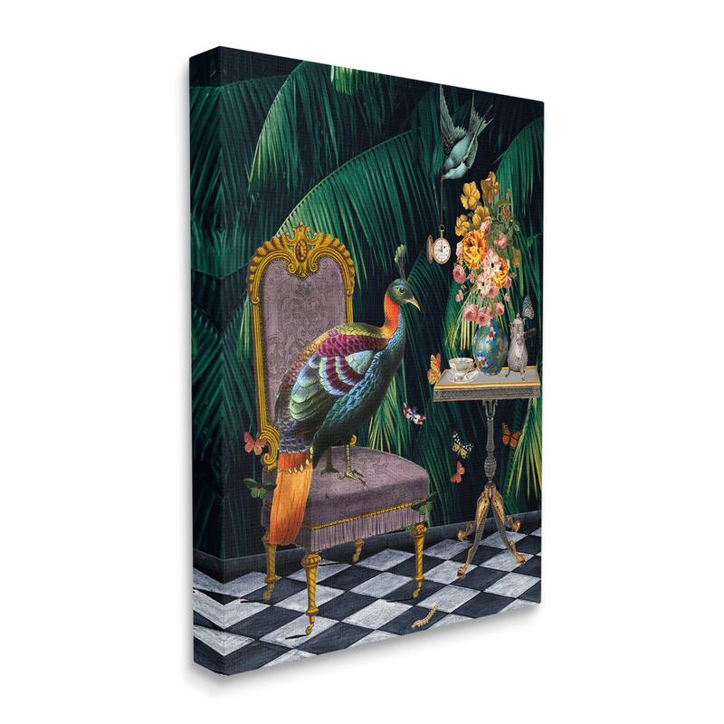 Stupell Regal Peacock On Chair Falling Palm Fronds Canvas Wall Art - Green