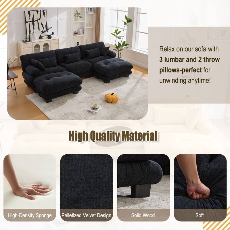 Pelletized velvet U Shape Cloud Couch with 2 Ottomans,Free Combined 3 Seater Comfy Sofa with Bolster Armrest Pillows