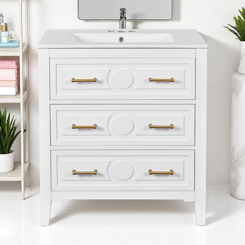 30" Bathroom Vanity with Ceramic Sink, 3 Drawers, Solid Wood Frame,Retro Cabinet, Pre-Drilled for 4" Faucet, Storage Organizer