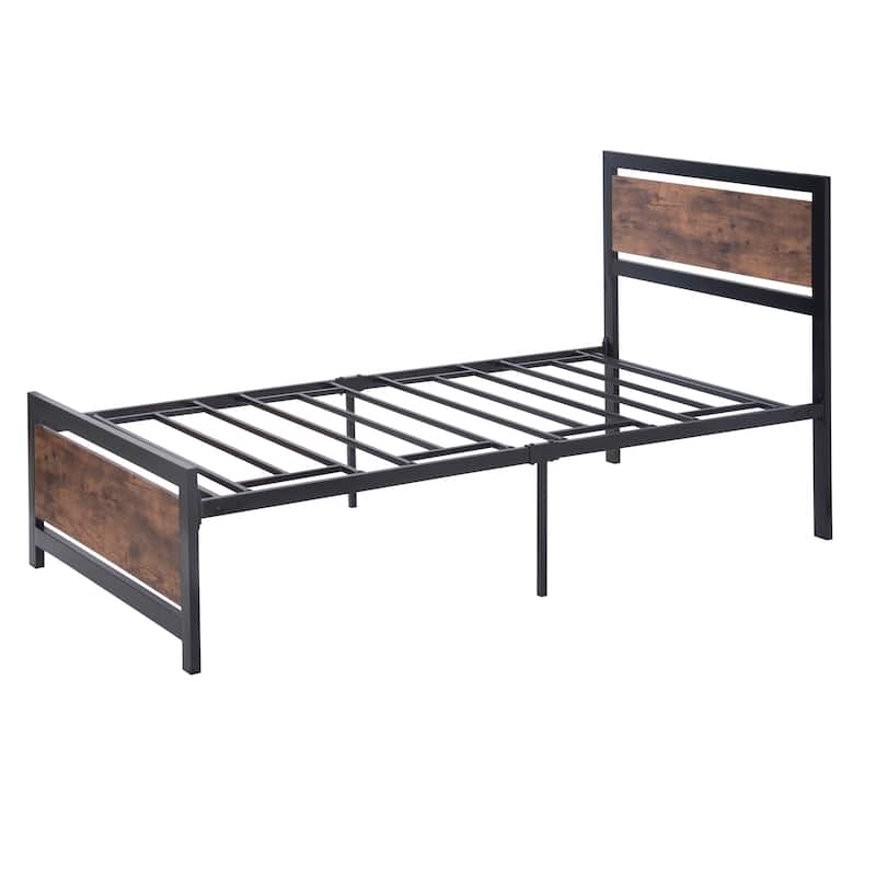 Twin Size Metal Platform Bed with Wood Headboard&Footboard, No Box