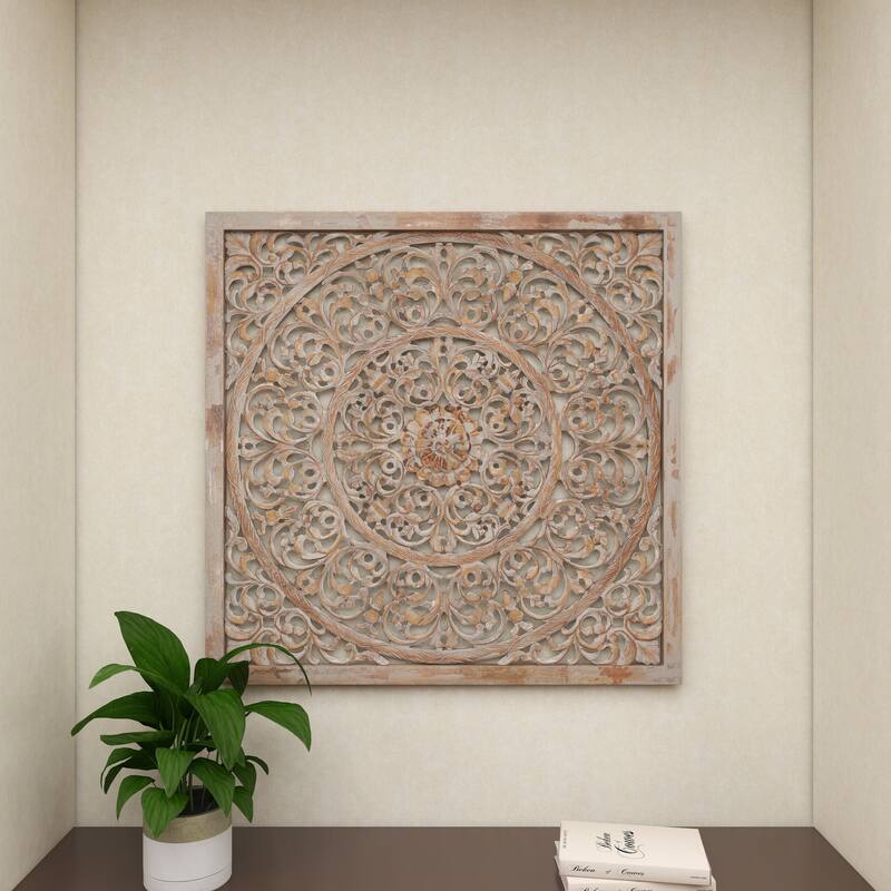 Gray Wooden Handmade Carved Scroll Mandala Floral Home Wall Decor with Brown Distressing