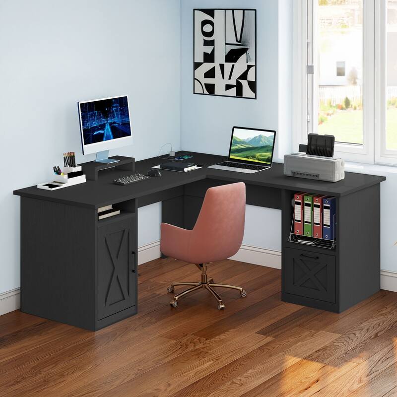 Moasis 59" L Shaped Office Desk with File Cabinet, Corner Computer Desk with Monitor Stand for Home Ofiice - Black