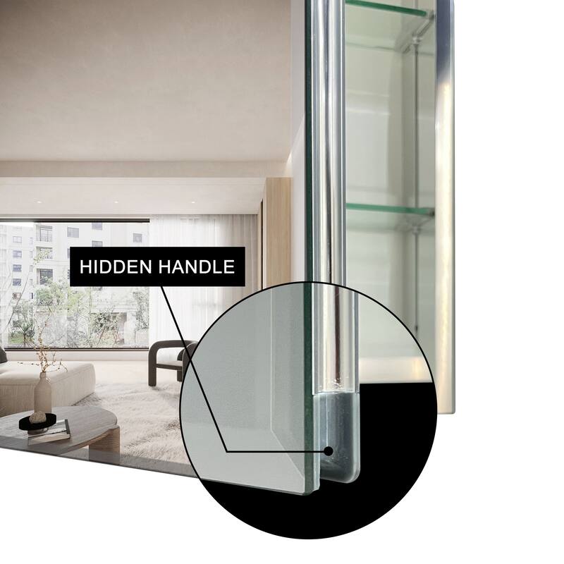 Bathroom Medicine Cabinet with Invisible Handle, Soft-Closing Hinge, Adjustable Glass Shelves