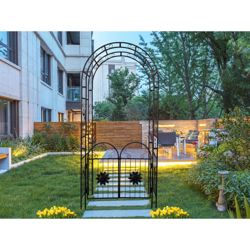 Metal Garden Arch with doors Garden Arbor Trellis Climbing Plants Support Arch Outdoor Arch Wedding Arch Party - Black