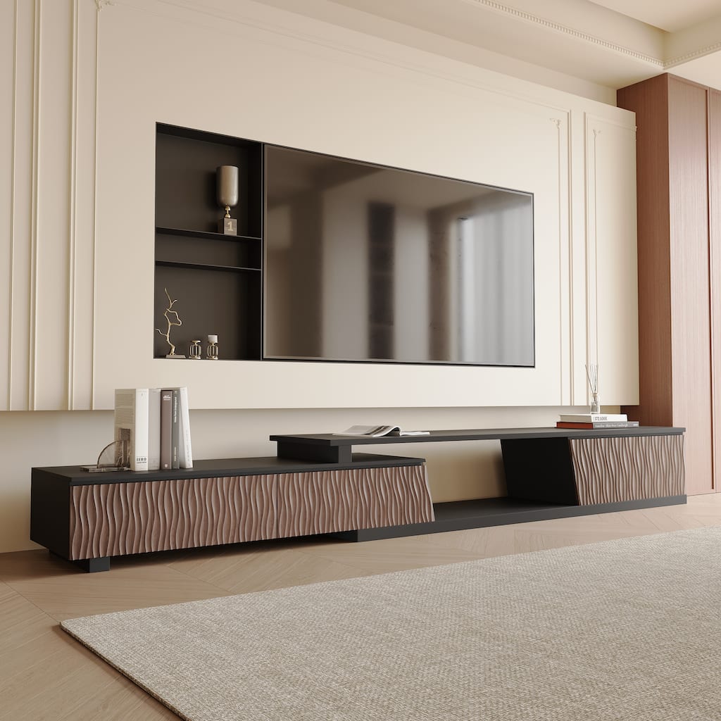 Retracted Extendable TV Stand Media Console In Stretch With 3-Drawers