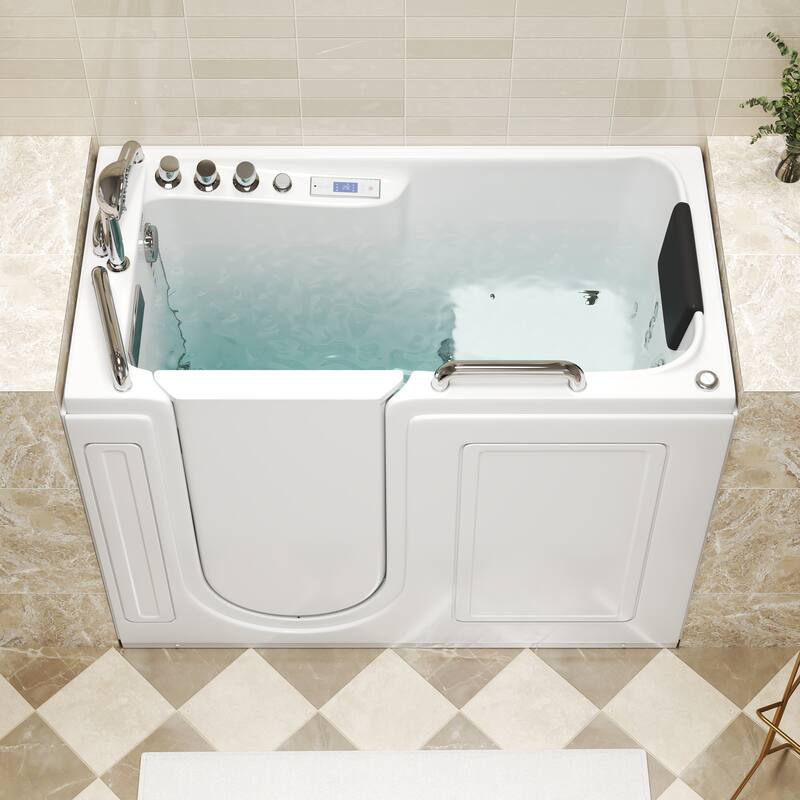 53 in. Walk-In Whirlpool & Air Acrylic Bathtub with Hydrotherapy Jets, Chromatherapy LED Light, and Aromatherapy, Built-In Seat