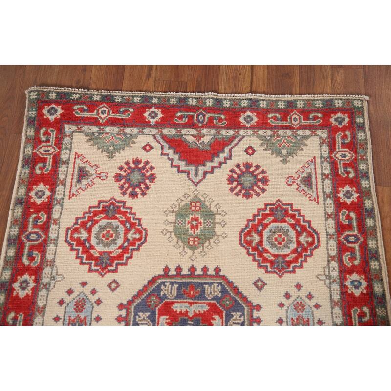 Kazak Accent Rug Hand-Knotted Geometric Beige Wool Carpet - 2'9" x 4'1"