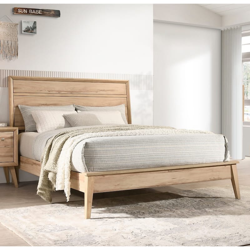 Mid-Century Modern Queen Bed in Natural Oak Finish, Includes Headboard, Footboard, and Rails - Oak