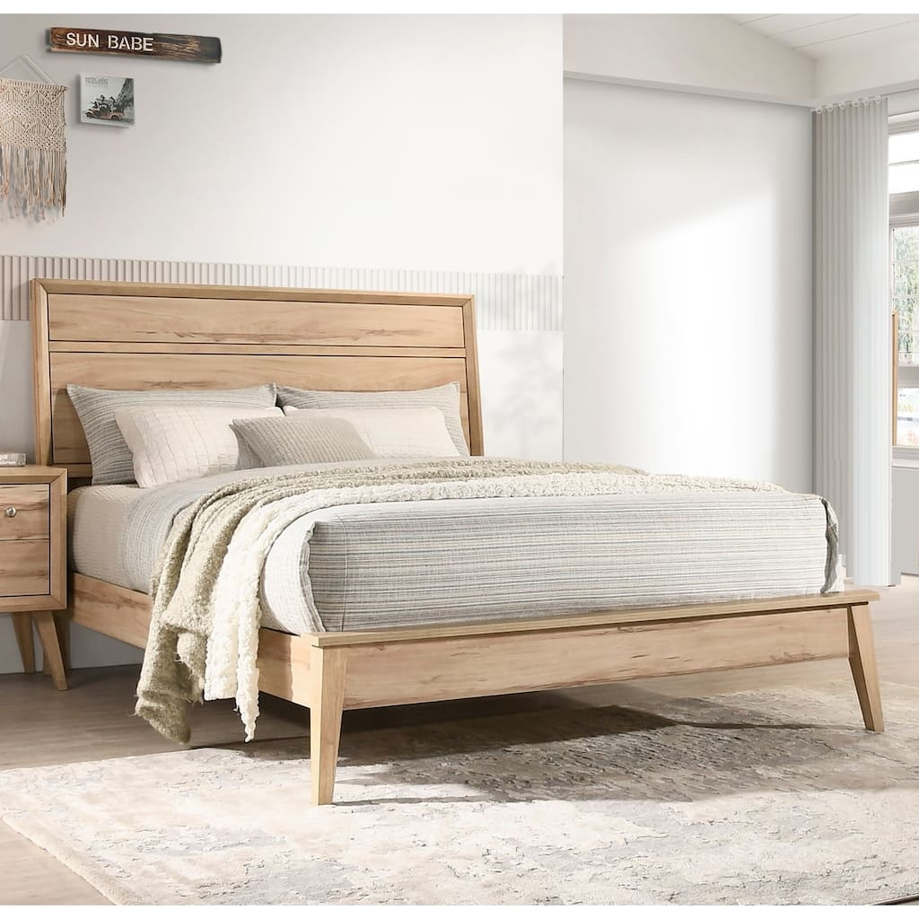 Mid-Century Modern Queen Bed in Natural Oak Finish, Includes Headboard, Footboard, and Rails