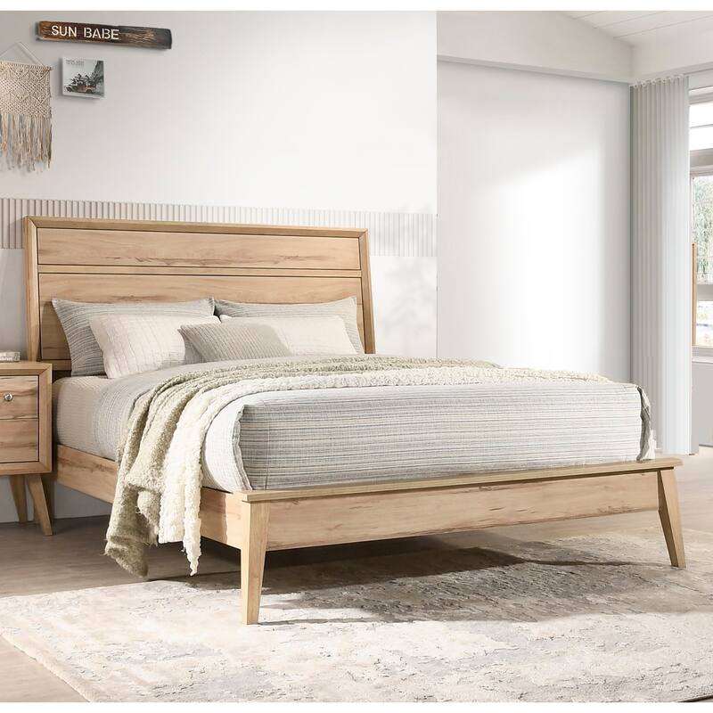 Queen Size Natural Oak Wooden Platform Bed Frame with Mid-Century Modern Design - Oak