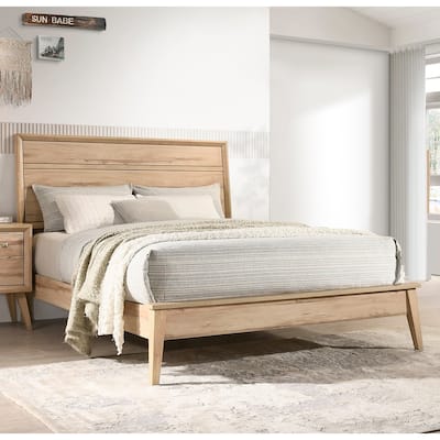 Queen Size Natural Oak Wooden Platform Bed Frame with Mid-Century Modern Design