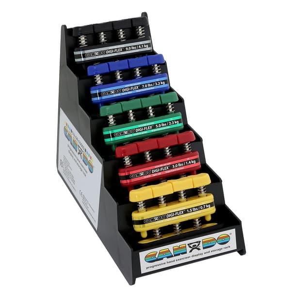 CanDo Digi-Flex hand exerciser - set of 5 (yellow, red, green, blue, black), with metal rack