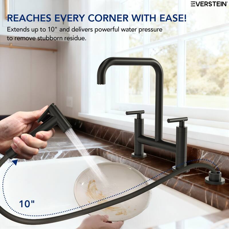 2-Handle Deck Mount Kitchen Faucet 2-Hole Bridge Kitchen Faucet with Side Sprayer