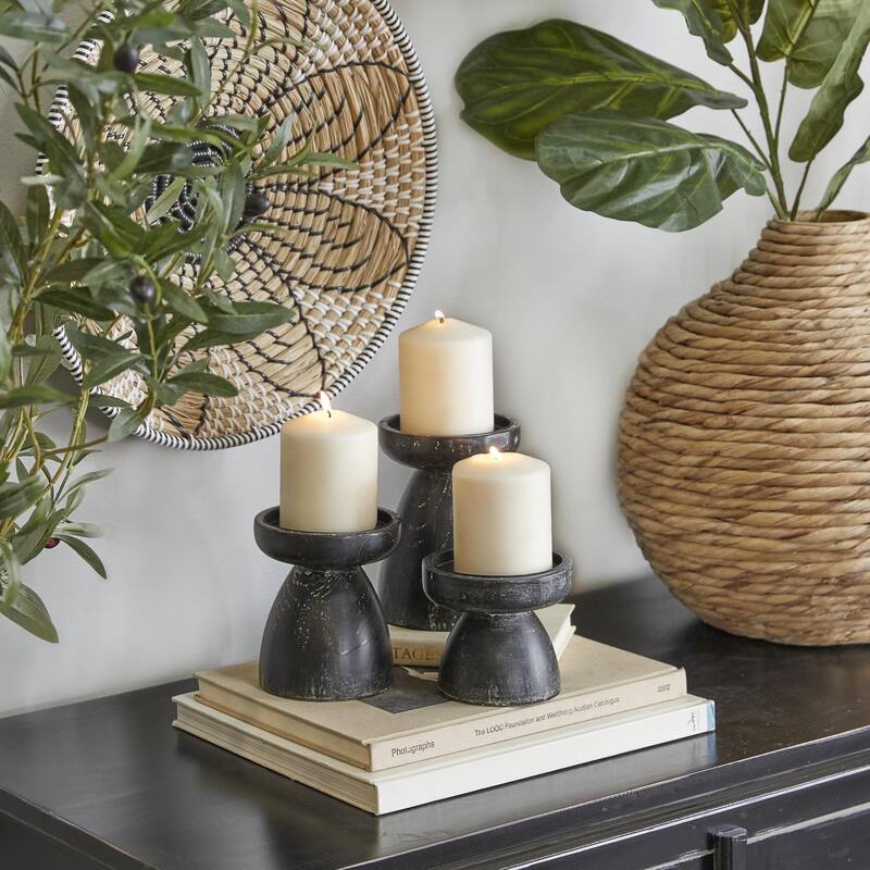 Wood Pillar Candle Holder with White Wash Finish - Set of 3 Black or Brown - Roche River Decor