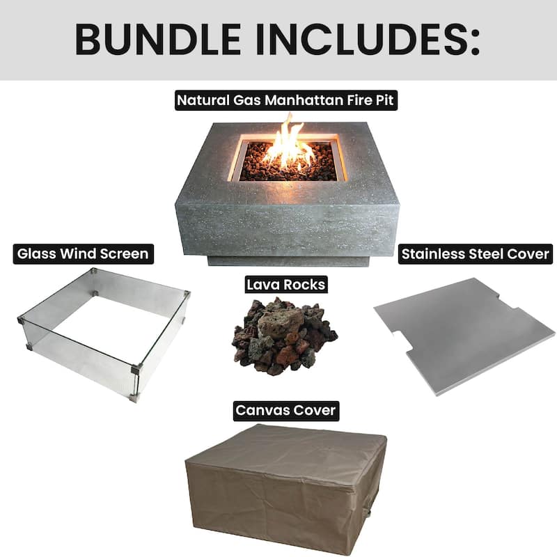 Elementi Manhattan Fire Pit Bundle Outdoor Firepit Set - 36” L x 36” W x 16” H