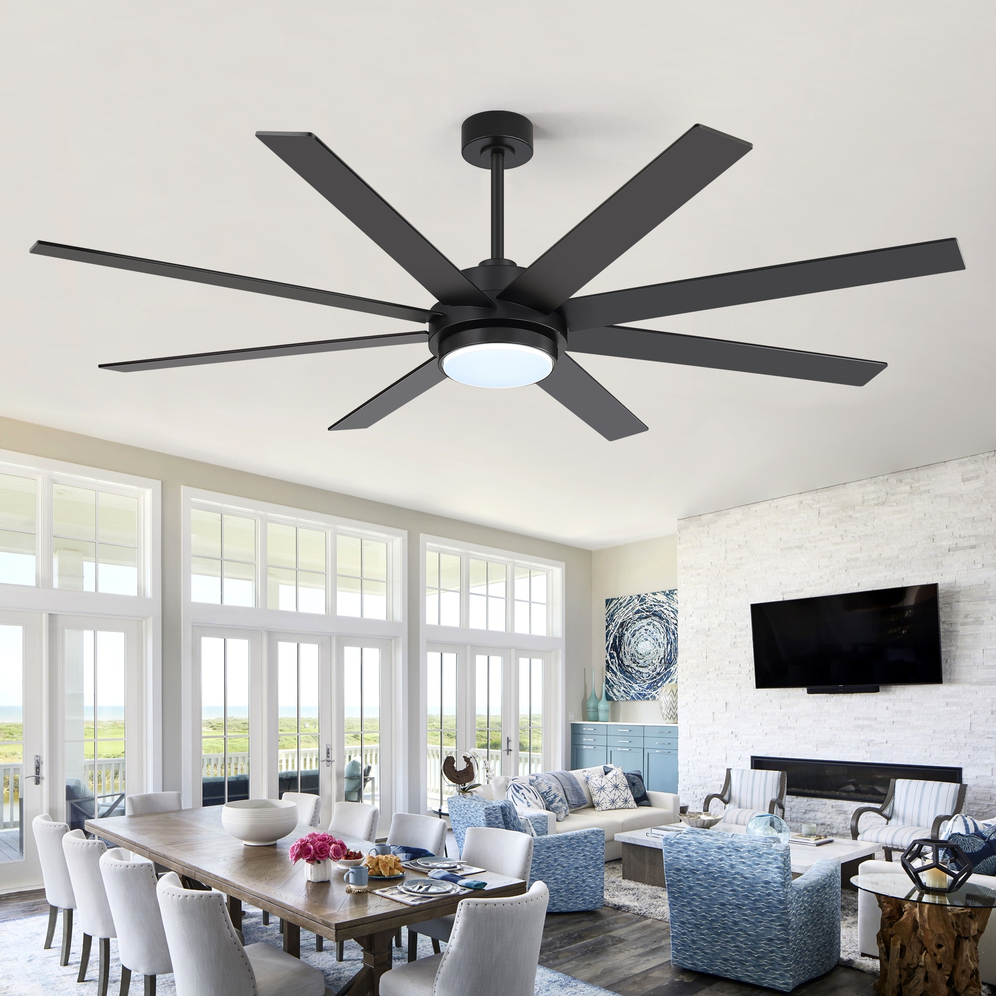 60/72 Inch Modern Ceiling Fan with Dimmable LED Light, 8 Reversible Plywood Blades, DC Motor, Remote Control, 6 Speeds, Timer