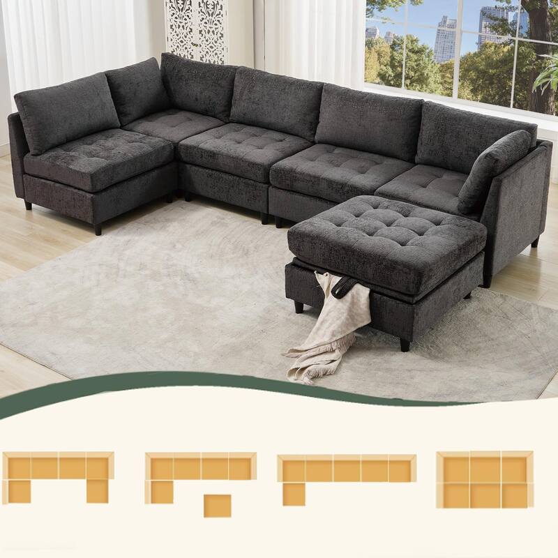 128" Chenille U-Shaped Modular Sectional Sofa with Storage Ottoman, Pocket Spring Support, and 6-Seat Configurable Design