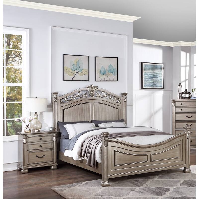 Formal Traditional Antique Silver 1pc Queen Size Bed Unique Design Headboard Footboard Bedframe